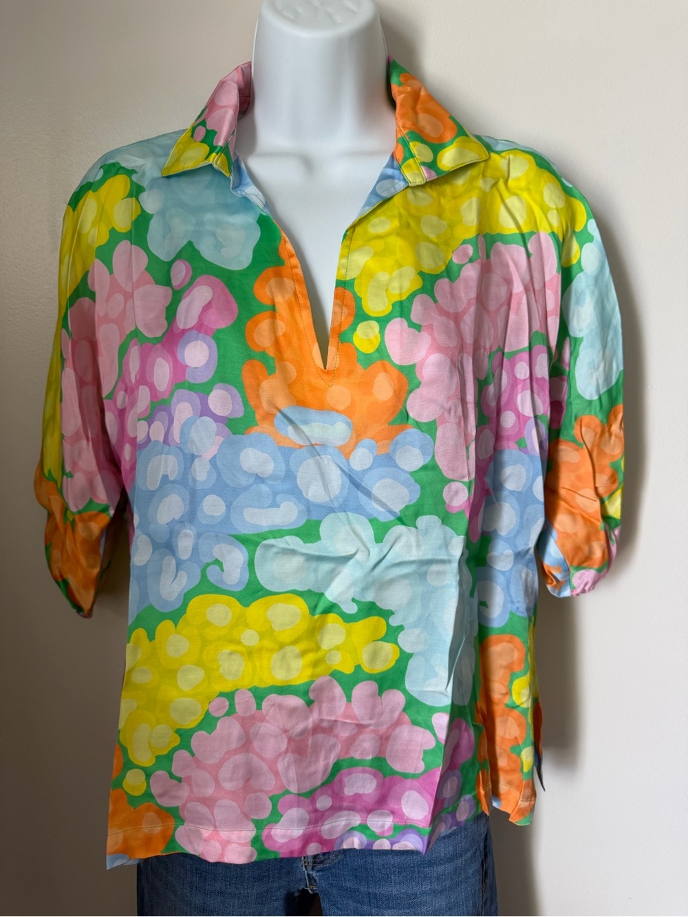 Emily McCarthy Women's Short-Sleeve Collared Blouse in Multicolor Cloud Print